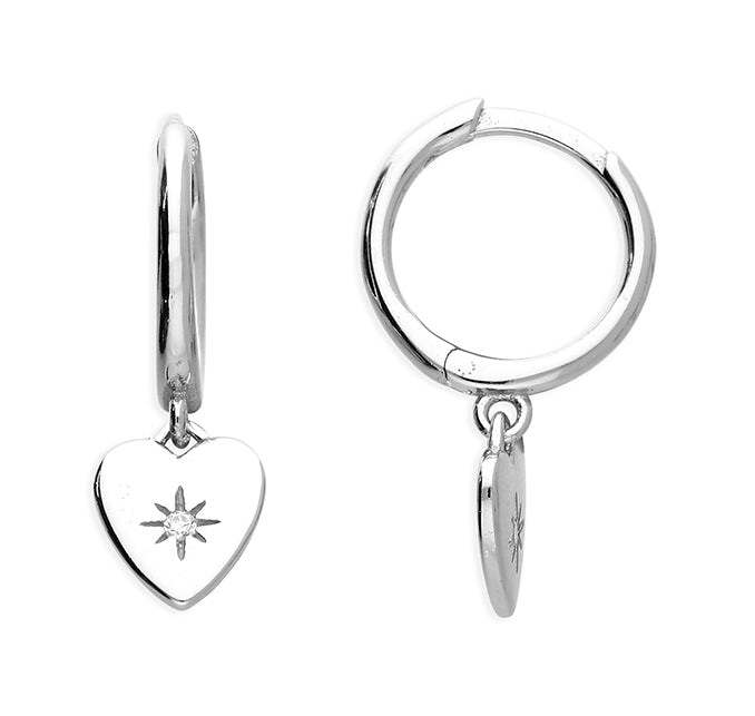 Coe & Co Sterling Silver Starburst Heart Drop Huggie Hoops
