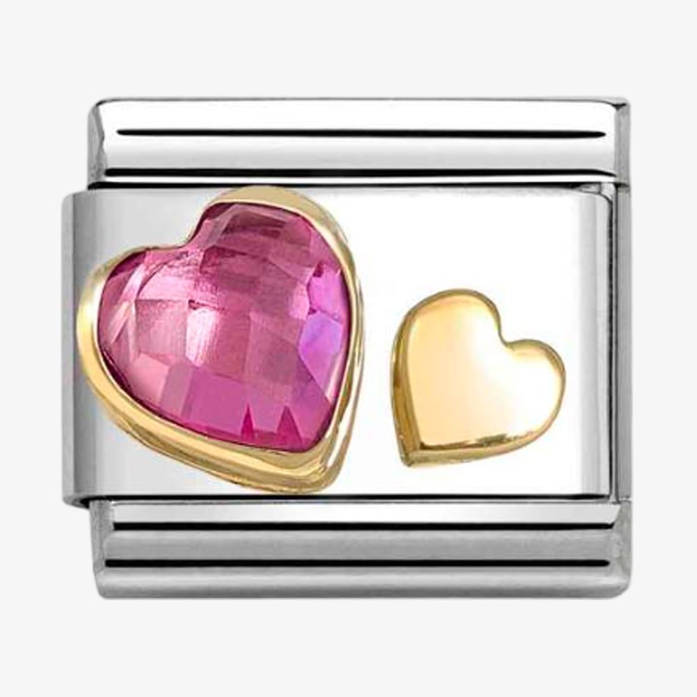 Nomination Classic Double Gold Hearts with Dark Pink CZ Charm