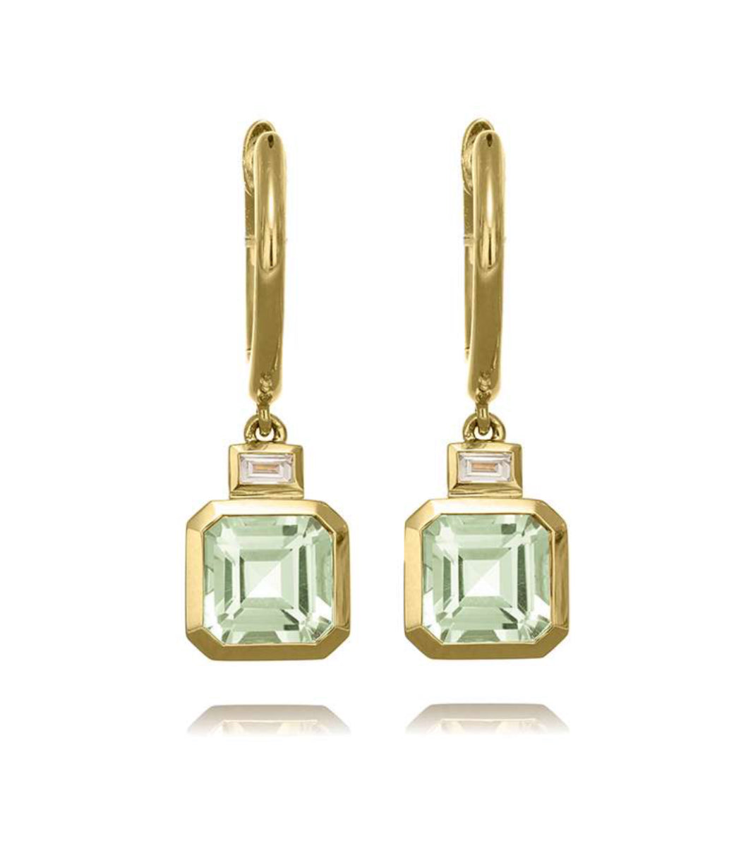 18ct Yellow Gold 2.00ct Green Amethyst & 0.07ct Diamond Earrings