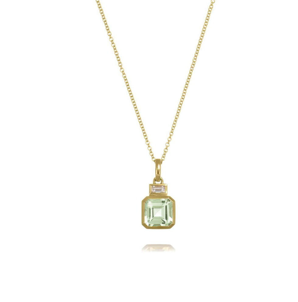 18ct Yellow Gold 2.51ct Green Amethyst & 0.15ct Diamond Pendant with Chain