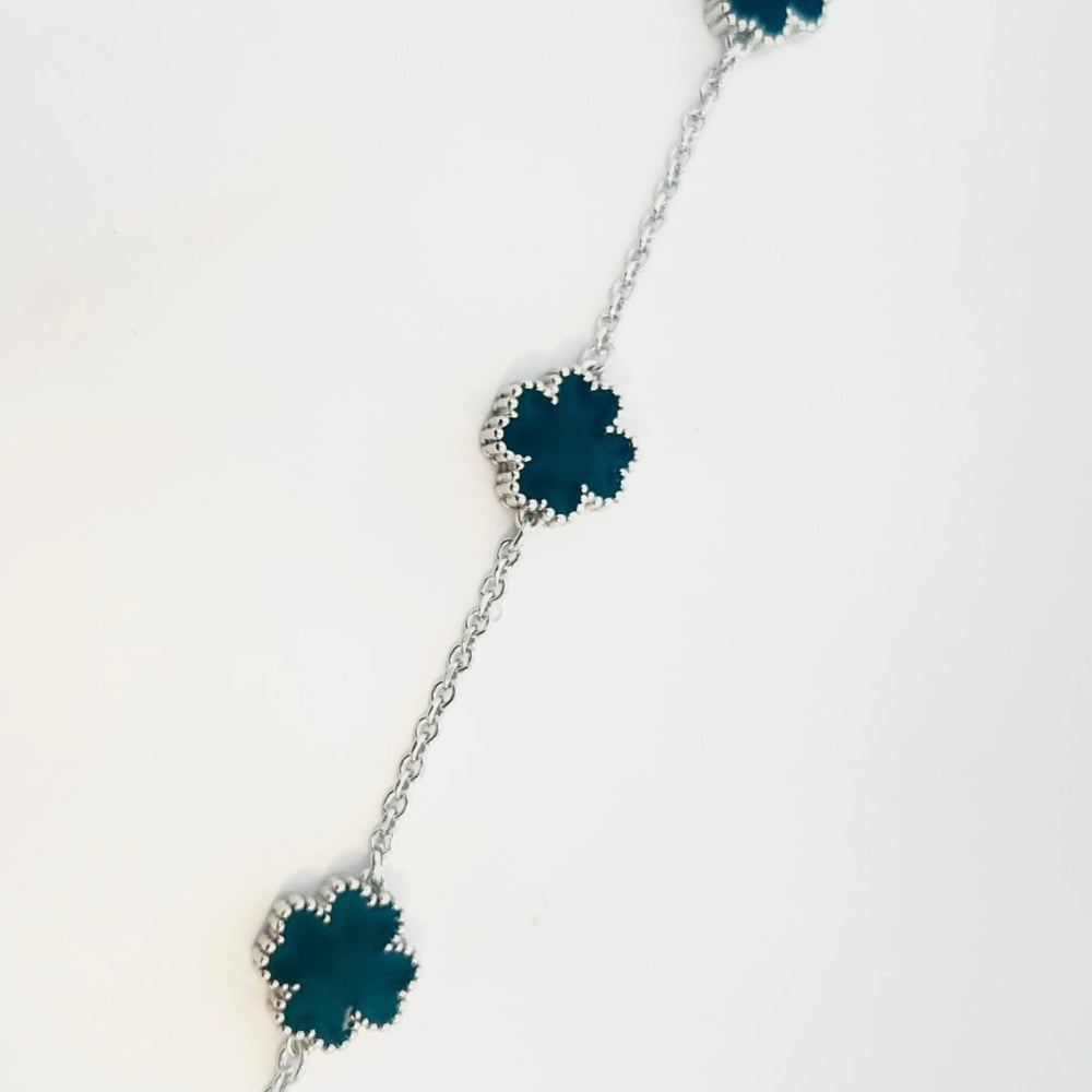 Silver Black Enamel Four Leaf Clover 07" Bracelet