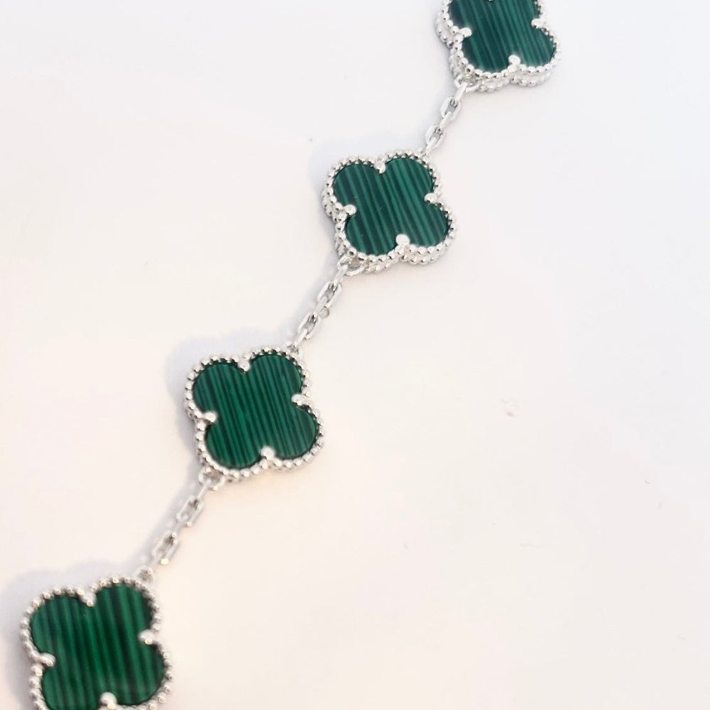 Silver Green Four Leaf Clover 07" Bracelet