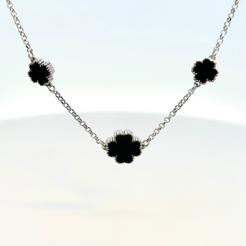 Silver Black Enamel Four Leaf Clover 16" Necklace