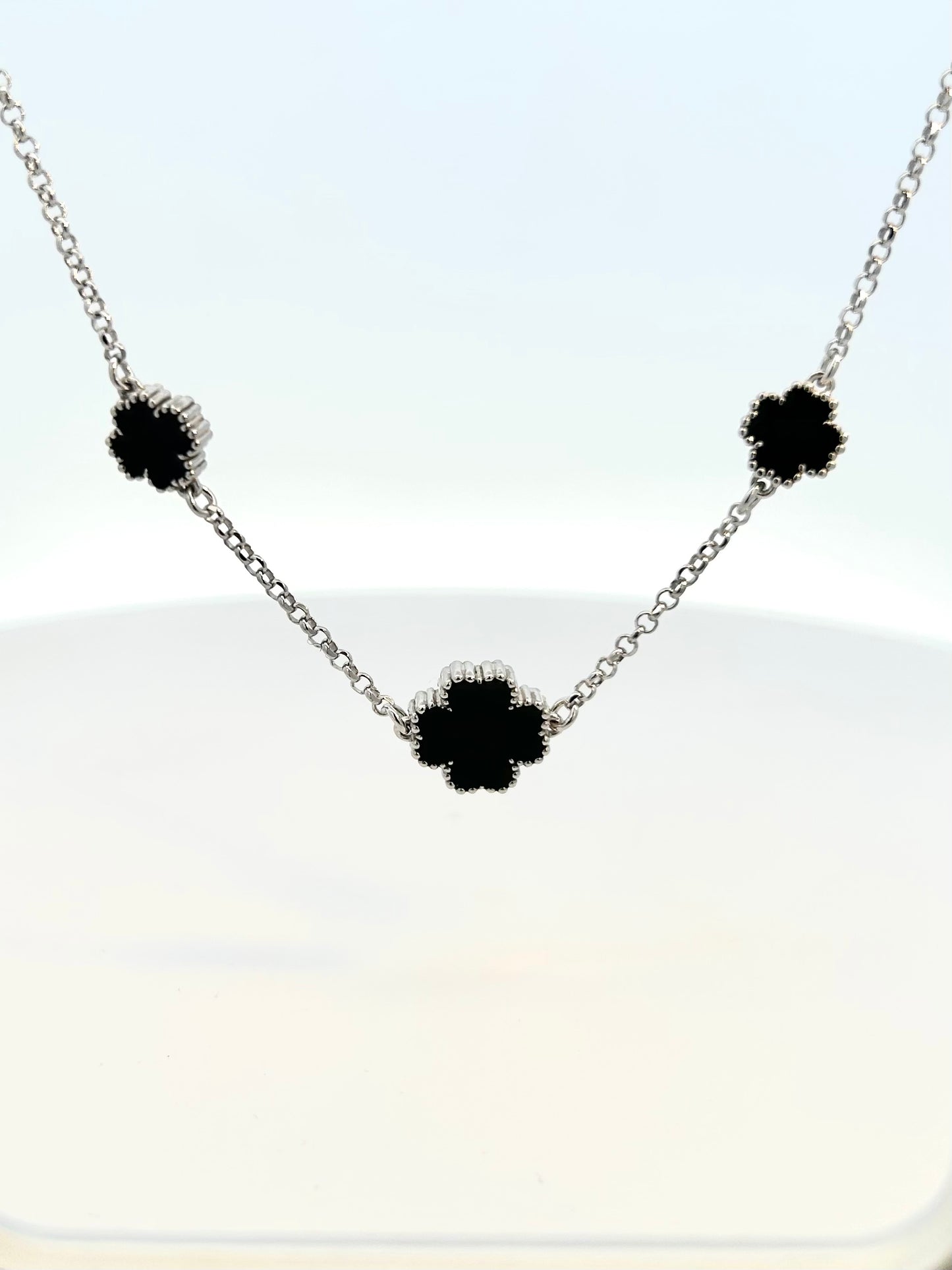 Silver Black Enamel Four Leaf Clover 16" Necklace