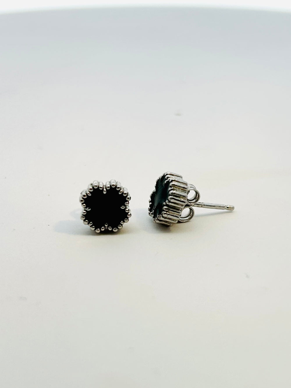 Silver Black Enamel Four Leaf Clover Studs