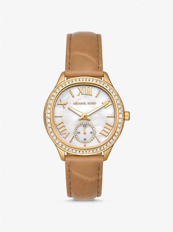 Michael Kors Sage Pavé Gold-Tone and Crocodile Embossed Leather Ladies Watch