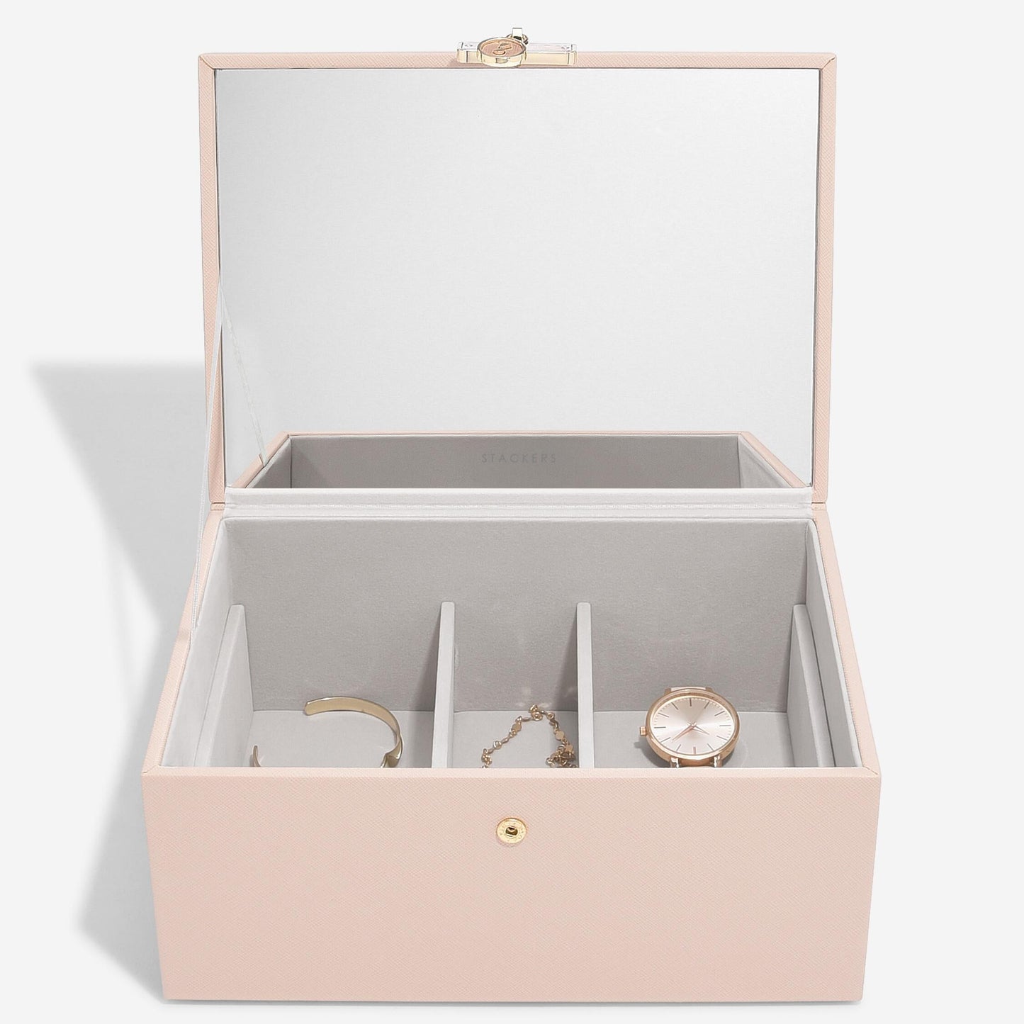 Pink jewelry box with a mirror lid on a white background