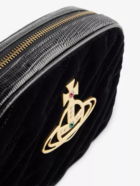 
                      
                        Vivienne Westwood Anna logo-appliqué velvet camera bag, Black
                      
                    