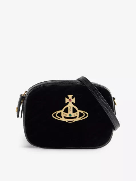 Vivienne Westwood Anna logo-appliqué velvet camera bag, Black