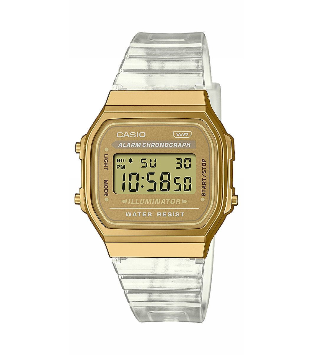 Casio Vintage Retro Transparent/Gold Stainless Steel Digital Watch A168XESG-9AEF
