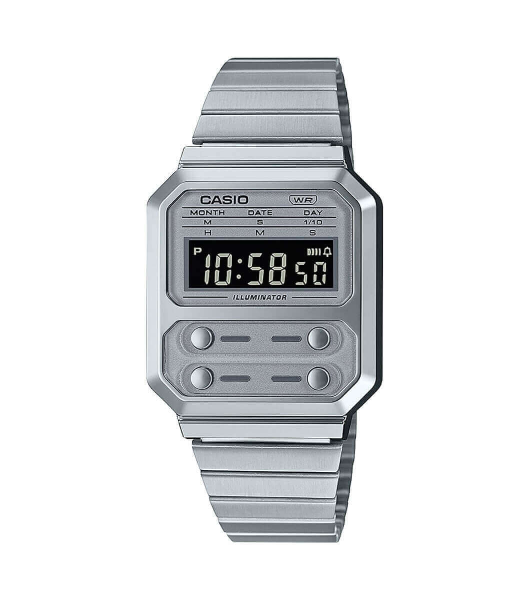 Casio Vintage Silver Stainless Steel Digital Watch A100WE-7BEF
