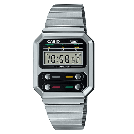 Casio Vintage Silver Stainless Steel Digital Watch A100WE-1AEF