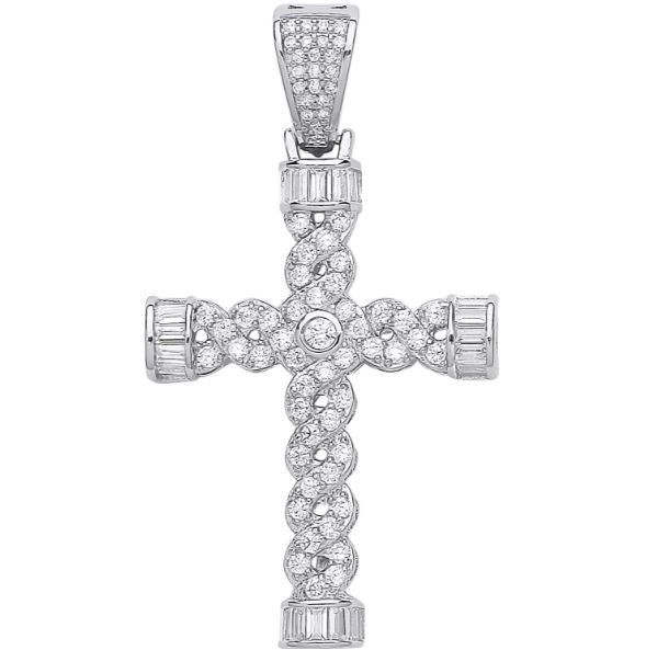 Coe & Co Silver Plait Style Fancy Cz Cross Pendant with Chain