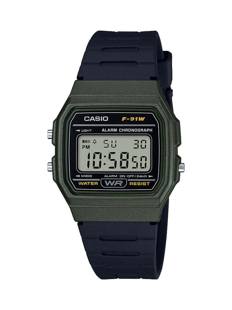 
                      
                        Casio Vintage Retro Green Bezel Resin Digital Watch F-91WM-3AEF
                      
                    