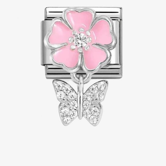 Nomination Classic Link Pink Flower with CZ and CZ Pave Butterfly Pendant