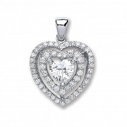 Coe & Co Sterling Silver Heart Cz with Two Row of Cz's Pendant with chain