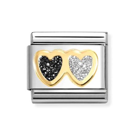 Nomination Classic Link Double Heart with Black and Silver Glitter
