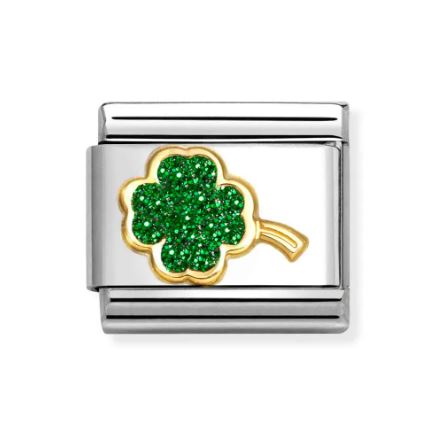 Nomination Classic Link Green Four Leaf Clover with Green Glitter