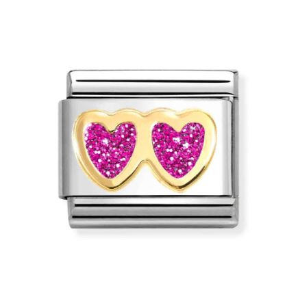 Nomination Classic Gold Glitter Fuchsia Double Heart Charm