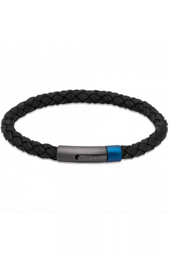 Unique & Co Black Leather Bracelet with Blue IP Matte/Polished Stainless Steel Clasp