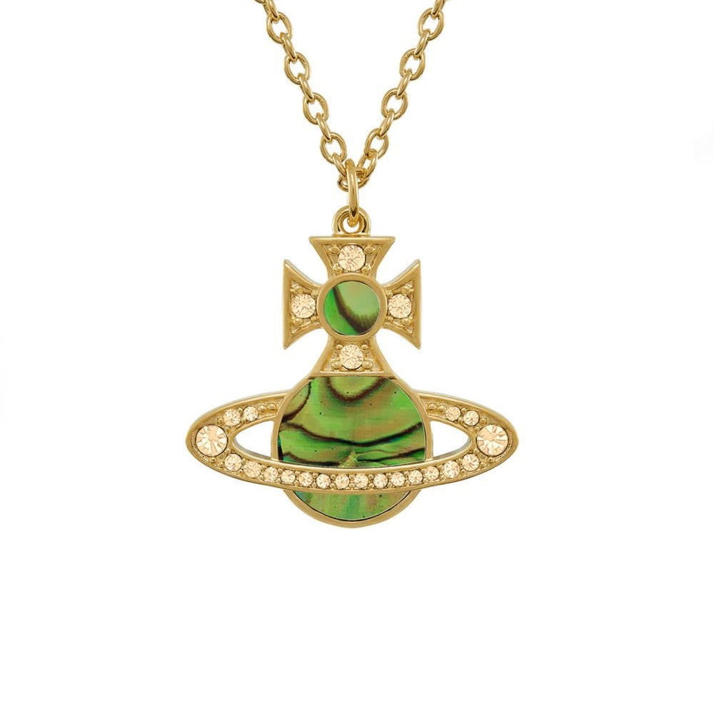 Vivienne Westwood Rina Pendant Gold Tone, Light Peach Crystal & Peridot Mother of Pearl