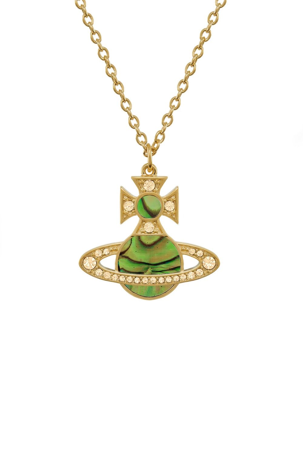 Vivienne Westwood Rina Pendant Gold Tone, Light Peach Crystal & Peridot Mother of Pearl