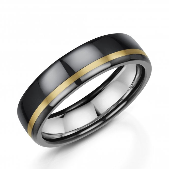 Zedd Black Zirconium with 9ct Yellow Gold Stripe 6mm Wedding Ring