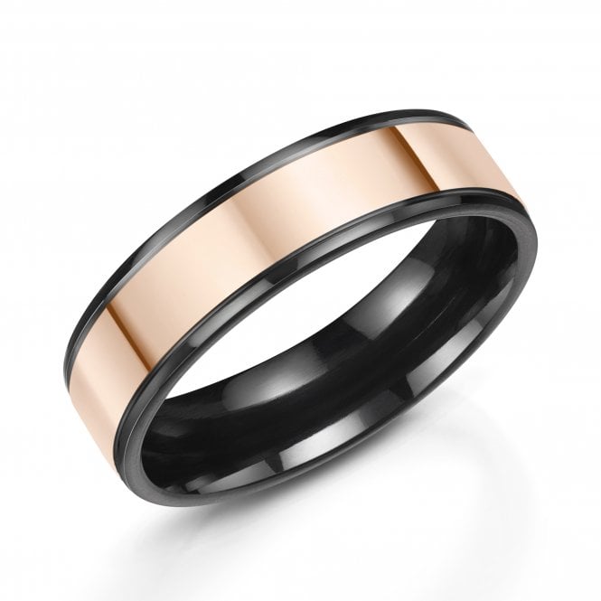 Zedd Wide 9ct Rose Gold Stripe Black 6mm Zirconium Ring