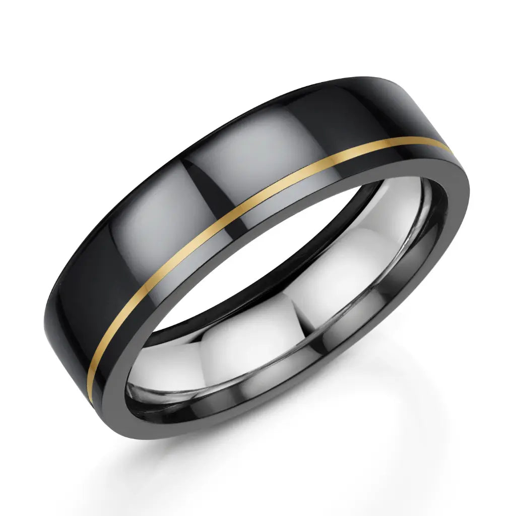 Zedd Black Zirconium and 9ct Yellow Gold 6mm Mens Wedding Ring
