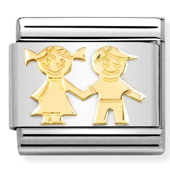Nomination Classic Link with Brother & Sister Holding Hands in Yellow Gold Tone