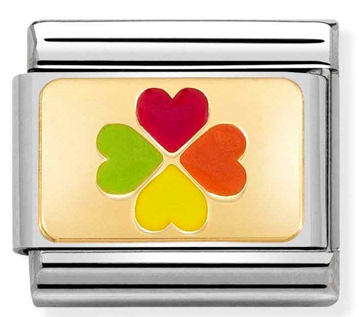 Nomination Classic Link with Enamel Rainbow Four-Leaf Clover in Yellow Gold Tone