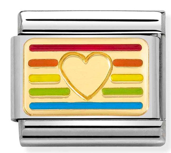 Nomination Classic Link with Enamel Rainbow Heart Flag in Yellow Gold Tone