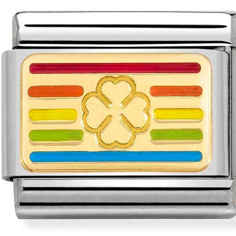 Nomination Classic Link with Enamel Rainbow Four-Leaf Clover Flag in Yellow Gold Tone