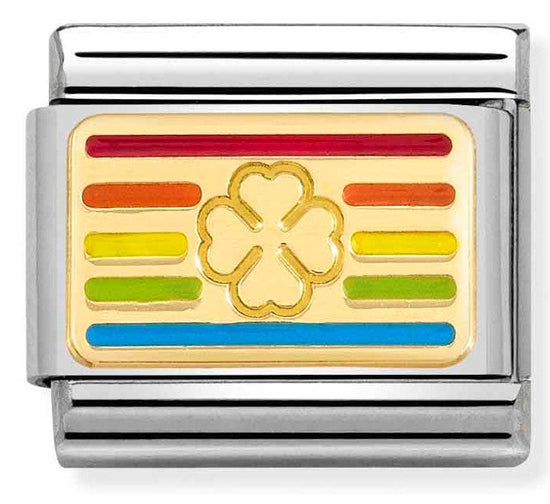 Nomination Classic Link with Enamel Rainbow Four-Leaf Clover Flag in Yellow Gold Tone