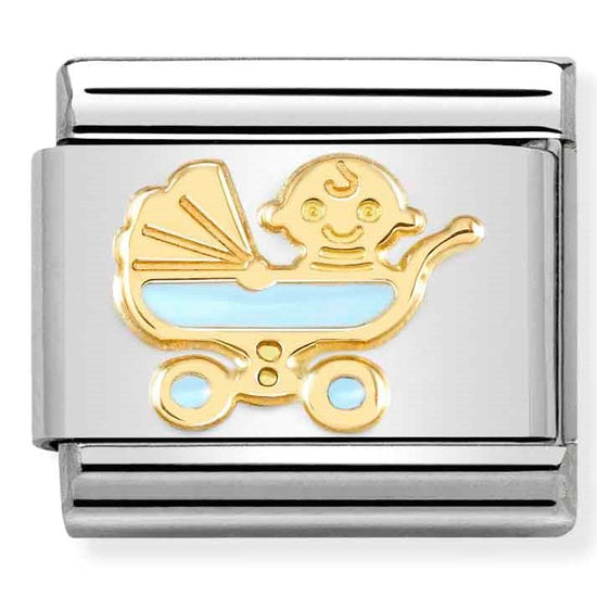 Nomination Classic Link with Enamel Blue Baby Pram in Yellow Gold Tone
