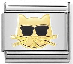 Nomination Classic Link with Enamel Cat With Sunglasses in Yellow Gold Tone