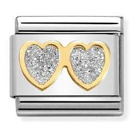 Nomination Classic Link with Enamel Double Glitter Hearts in Yellow Gold Tone