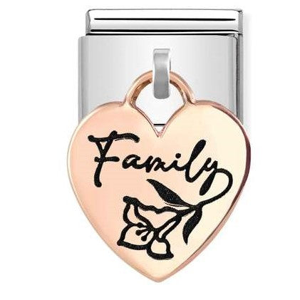 Nomination Classic Link with 'Family' & Flower Heart Charm in Rose Gold Tone