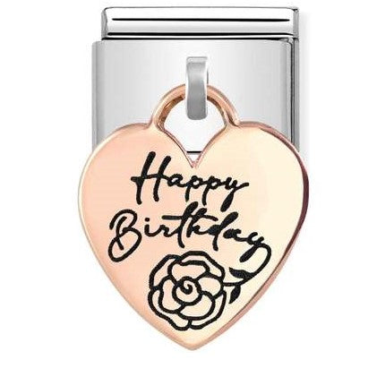 Nomination Classic Link with 'Happy Birthday' & Flower Heart Charm in Rose Gold Tone