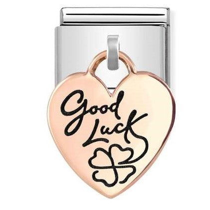 Nomination Classic Link with 'Good Luck' & Flower Heart Charm in Rose Gold Tone