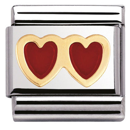 Nomination Classic Link with Enamel Red Double Hearts in Yellow Gold Tone