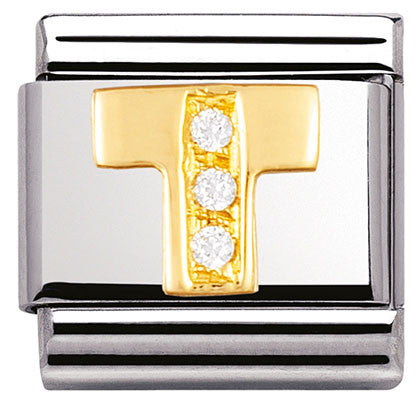 Nomination Classic Link with CZ Letter 'T' in Yellow Gold Tone