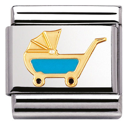 Nomination Classic Link with Enamel Blue Pram in Yellow Gold Tone