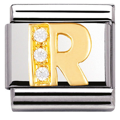 Nomination Classic Link with CZ Letter 'R' in Yellow Gold Tone