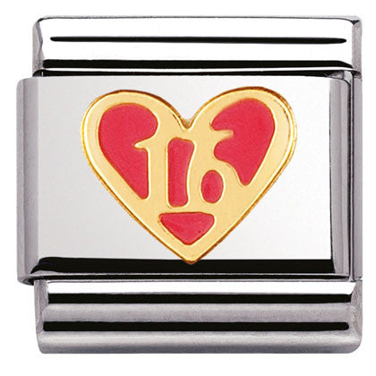 Nomination Classic Link with Enamel '16' Red Heart in Yellow Gold Tone