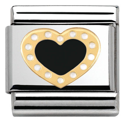 Nomination Classic Link with Enamel Dotted Black Heart in Yellow Gold Tone