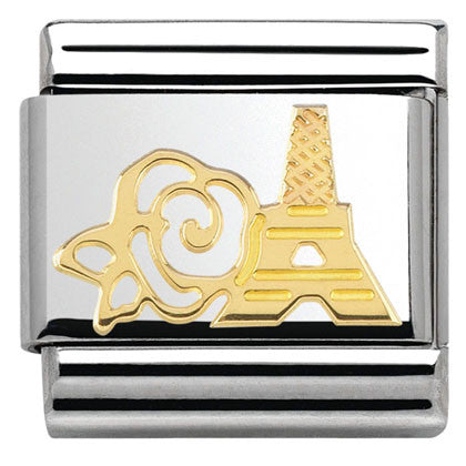 Nomination Classic Link with Rose and Eiffel Tower in Yellow Gold Tone
